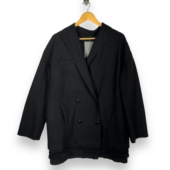 Natalija Jansone Double Breasted 100% Wool Fringe Hem City Coat, Black, Size L - Picture 1 of 13
